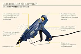 RAPID PRO EG360 термоклеящий пистолет d12 мм, 300 Вт, регулировка температуры 120-230 °С расход 1800 г/ч , время нагрева 1 мин